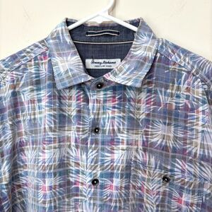 Tommy Bahama Coastline Cord Corduroy Shirt Men L Blue Plaid Palm Tropical Hawaii